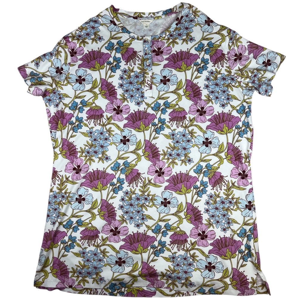 Vera Bradley Night Shirt XL White Purple Floral Henley Cotton Sleepwear Lounge